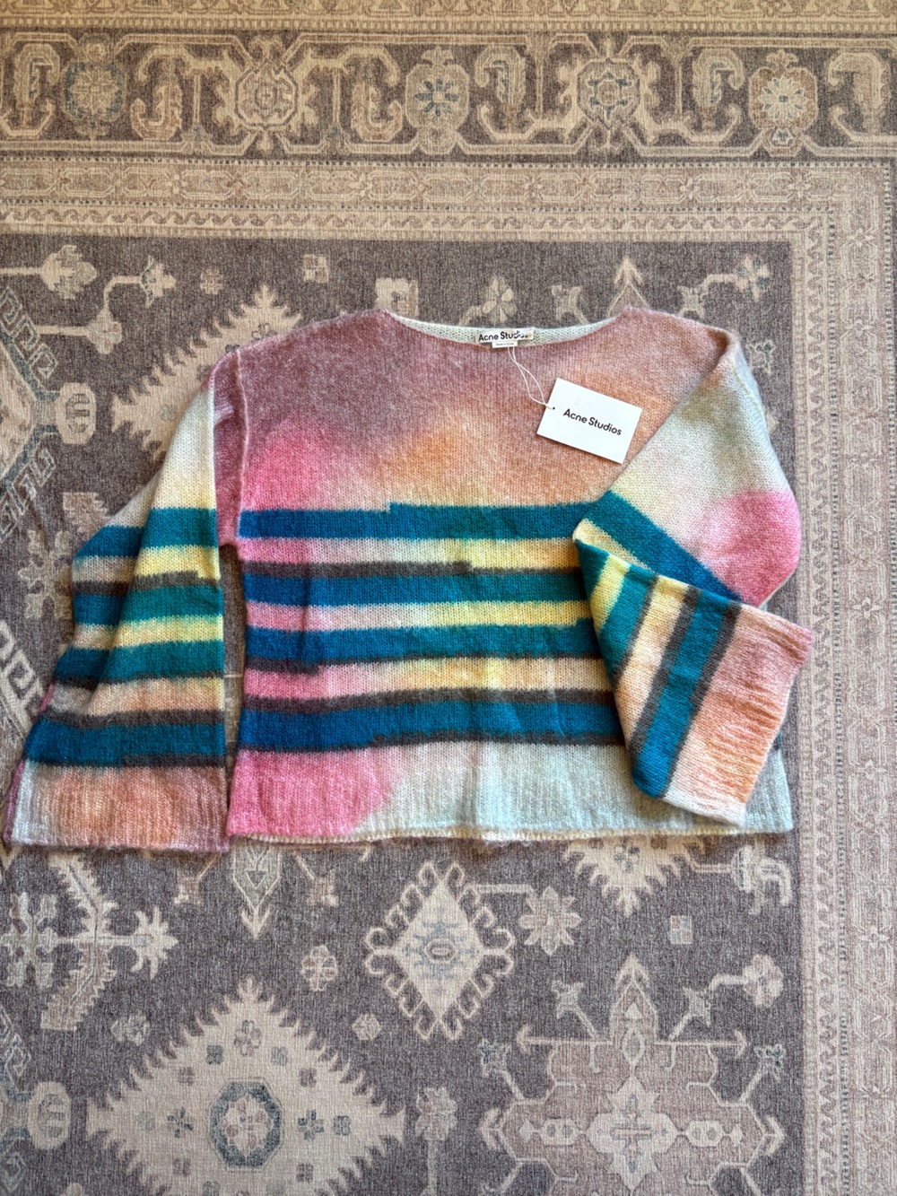 Acne Multicolor Striped Mohair Crew Sweater in Teal, Pink & Yellow